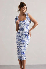 Vintage Print Ruched Midi Dress