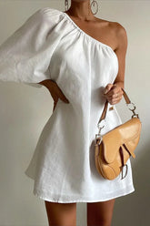 Robe courte asymétrique en coton et lin