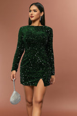 Elegant Backless High Waist Long Sleeve Short Sequin Dress