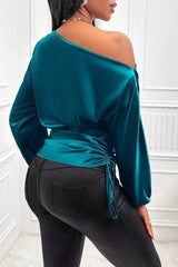 Satin Asymmetric Collar Ruched Waist Long Sleeve Tee