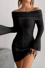 Trendy Casual Versatile Solid Off Shoulder Knit Sweater Dress