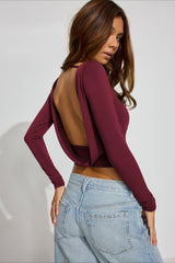Solid Color Fitted Open Back Sexy Long Sleeve Tee