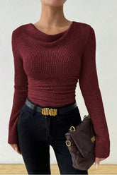 Ruched Cowl Neck Slim Knit Long Sleeve Tee