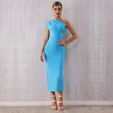 Elegant One Shoulder Bandage One Piece Dress Sleeveless Tight Sky Blue Evening Dress