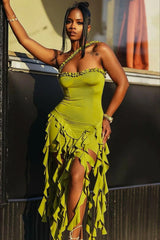 Robe mini dos nu à volants et patchwork