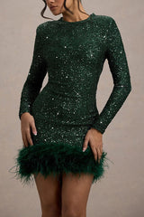 Chic Long Sleeve Crew Neck Solid Sequin Feather Sequin Dress