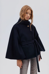 Cape élégante et chic en laine à ceinture solide, manteau d'extérieur de Noël.