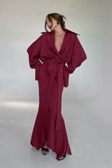 Shirt Style Striped V-Neck Tie Fitted Waist Maxi Dress