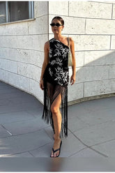 Robe midi imprimée à franges et patchwork