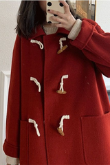 Petit manteau d'extérieur de Noël en laine épaisse rouge à boutons en corne