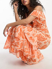 Shoulder Asymmetric Maxi Dress In Orange Floral Jacquard
