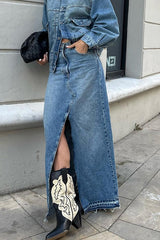 Jupe trapèze en denim bleu à ourlet brut