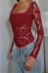 Paneled Lace Square Neck Cutout Slim Long Sleeve Tee