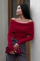 T-shirt sexy moulant à manches longues et épaules dénudées