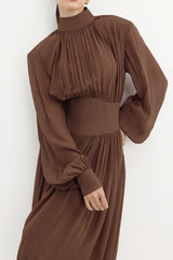 Chiffon Puff Sleeve Ruched Midi Dress