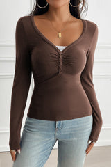 Button Detail Lace Trim V-Neck Long Sleeve Tee