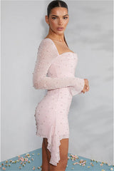 Sequined Beaded Square Neck Long Sleeve Bodycon Party Dress