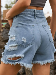 Asymmetrical Distressed Frayed Denim Shorts