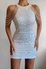 Chic Halter Crystal Chain Bodycon Mid Waist Sequin Dress