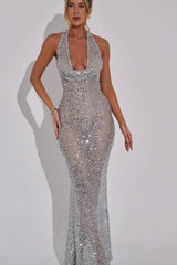 Elegant Deep V Halter Backless Slim Sheer Sequin Dress