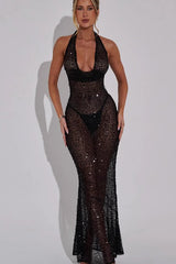 Elegant Deep V Halter Backless Slim Sheer Sequin Dress
