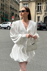 White V-Neck Puff Sleeve Mini Dress