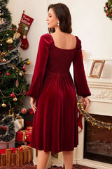 Robe midi évasée à manches longues unie style rétro Noël