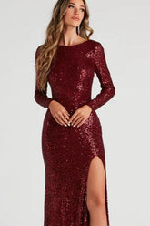 Sexy Long Sleeve High Slit Maxi Beaded Sequin Dress