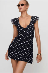 Polka Dot V-Neck Flutter Mini Dress