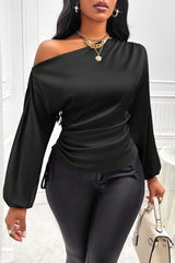 Satin Asymmetric Collar Ruched Waist Long Sleeve Tee