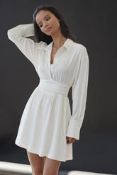V-Neck Ruched Long Sleeve Midi Dress
