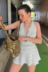 Striped Halter Cowl Neck Mini Dress