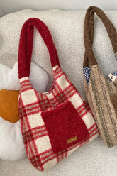 Christmas Red Plaid Faux Fur Panel Tote Shoulder Bag