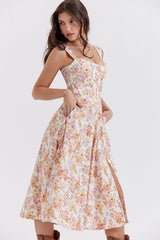 Spaghetti Strap Floral Ruched Midi Dress