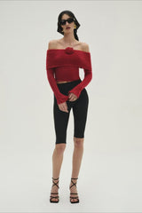 T-shirt à manches longues en maille ajustée à épaules dénudées et imprimé floral 3D