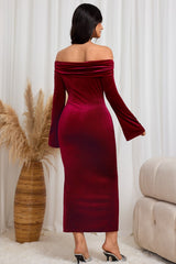 Robe midi sexy bordeaux à épaules dénudées et fente haute