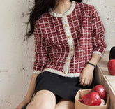 Plaid Tweed Retro Red O-Neck Cardigan / One Size Cardigan-241208