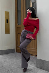 T-shirt sexy moulant à manches longues et épaules dénudées