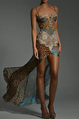 Robe midi en dentelle léopard et résille