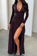 Deep V Ruched Long Sleeve Slit Fitted Waist Maxi Dress