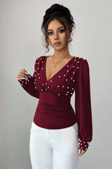 T-shirt sexy à manches longues, col en V uni, taille froncée et accent de perles