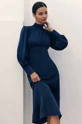 High Neck Long Sleeve A-Line Midi Dress