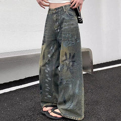 Pantalon baggy taille haute style graffiti vintage Y2K