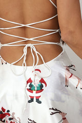 Robe mini-spagnouillère sexy à imprimé de Noël avec cordon de serrage et dos nu