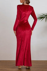 Elegant Long Sleeve Ruched Velvet Slit Fitted Waist Party Dress