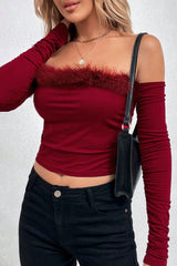 Sexy Off-Shoulder Fur Trim Paneled Long Sleeve Tee