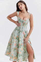 Spaghetti Strap Floral Ruched Midi Dress