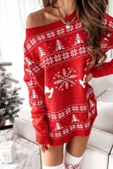 Christmas Jacquard Loose Knit Long Sleeve Sweater Dress