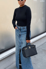 Jupe trapèze en denim bleu à ourlet brut