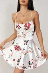 Robe mini-spagnouillère sexy à imprimé de Noël avec cordon de serrage et dos nu